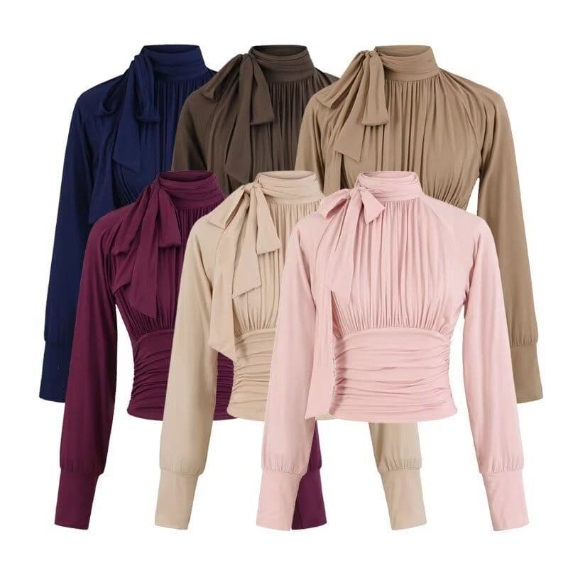 French Bordeaux Nude Ribbon Shirt Women's Short Waist Pleated Slim Autumn Long Sleeve Small Stand Collar Top