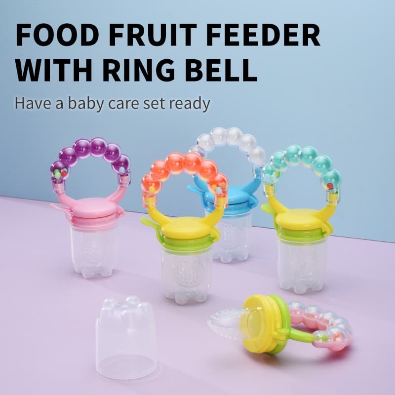 Baby Fruit & Veggie Teether Rattle with Food Pacifier Pouch, Weaning Feeder, Soothing Toy for Toddlers