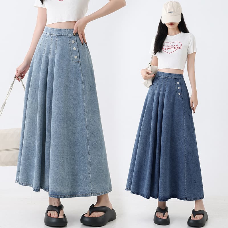 Vintage Pleated Denim Skirt 2025 Spring Autumn High Elastic High Waist A-Line Skirt Umbrella Skirt Long Skirt