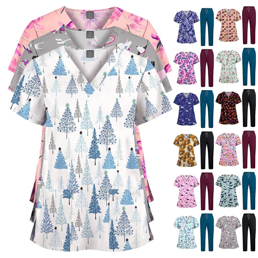 Hot New Printed Scrub Top and Solid Pants Set Nurse Uniform Doctor Hospital Clinic Workwear Two-Piece Set