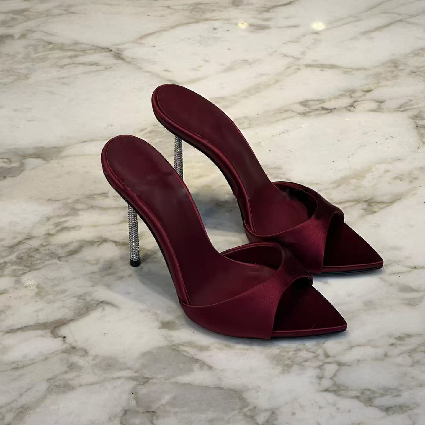 Crystal Heel Niche Design High Heels for Women 2026 Spring New Black Sexy Stiletto Pointed Toe Open-Back Sandals