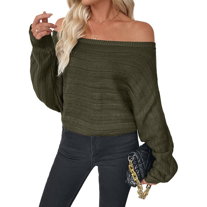 European and American Cross-border Trade Pullover Sweater 2026 Autumn/Winter New Style Casual Light Mature Loose Off-Shoulder Green Sweater for Women