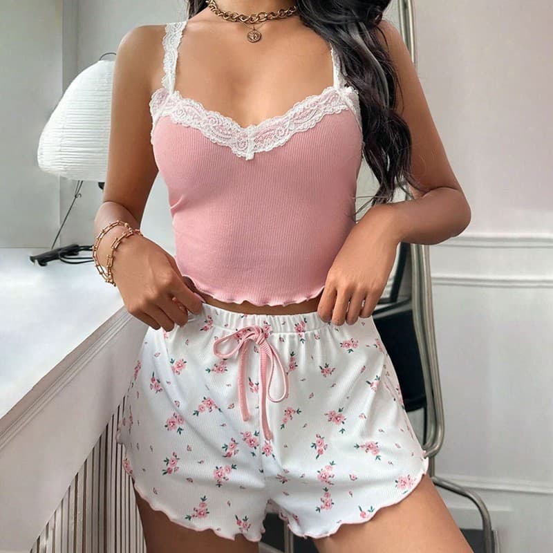 New European and American Cross-Border Lace Camisole Shorts Set, Comfortable Stretch Home Leisure Wear, Sleepwear Suitable for Outdoor Wear