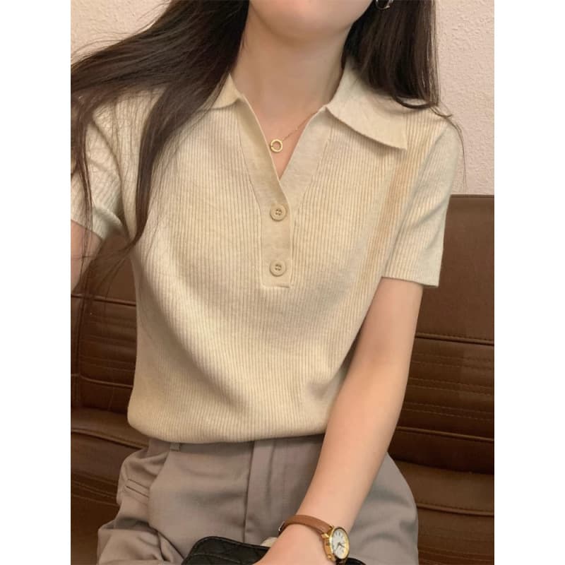 Short-sleeved women's T-shirt women's polo collar knitted short-sleeved design, chic, loose and slimming, lapel, right shoulder knitted top