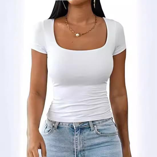 Amazon EU/US Cross-Border Women's 2026 New T-Shirt Solid Color Sexy Deep U-Neck Short Sleeve Top Slim Fit Versatile