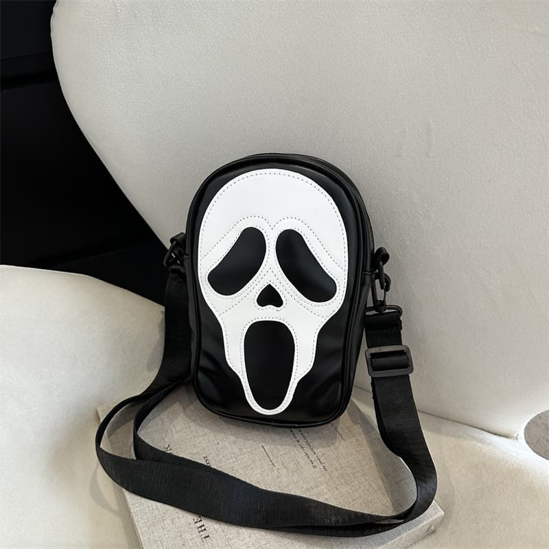 Crossbody Bag for Men and Women Korean Style Niche Trendy Funny Ghost Skull Crossbody Shoulder Bag PU Phone Crossbody Small Bag for Men