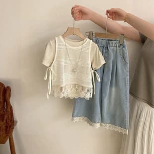 Girls Korean Style Summer New Lace Vest Solid Short Sleeve 2026 Lace Casual Jeans 3-Piece Set