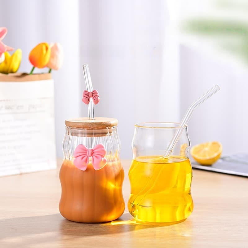 Colorful Bow Vertical Pattern Glass Cup Coffee Juice Cold Drink Transparent Straw Cup with Lid High Borosilicate Glass Cup