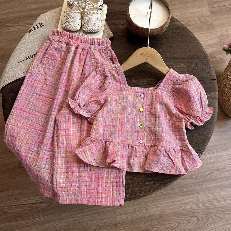Girls Sportswear Set Summer 2026 New Kids Short Sleeve Wide Leg Pants Two-Piece Children Plaid Chinese Summer Wear