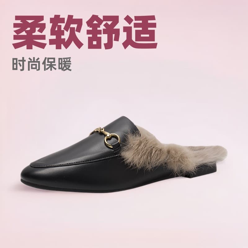 Small Quantity Order Amazon Soft Leather Rabbit Fur Half Slippers Slip-On Outdoor Fuzzy Shoes Women's Winter Mule Closed-Toe Slides