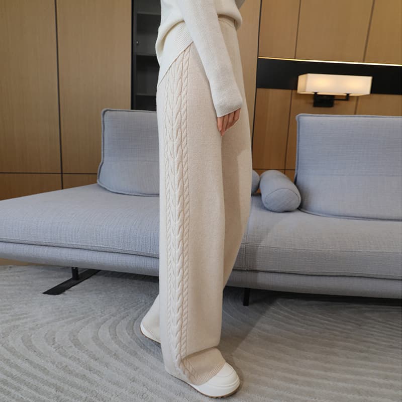 Creamy Warm Cable Knit Straight-Leg Pants, New Fall/Winter High-Waist Flowy Thickened Wide-Leg Floor-Length Trousers