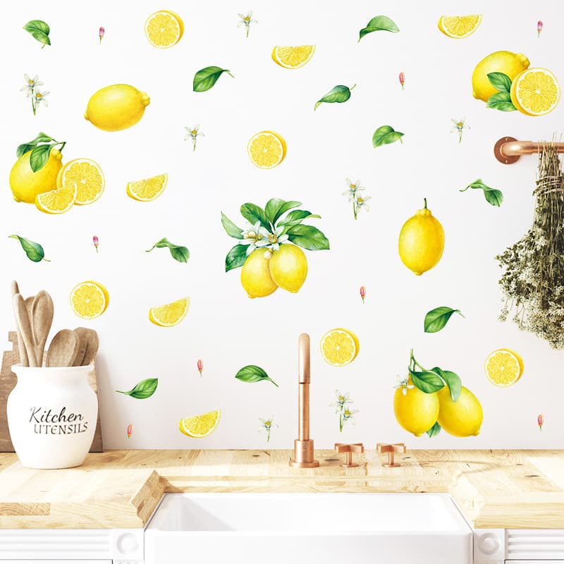 Summer Fresh Lemon Wall Sticker, Rustic Fruit Floral Self-Adhesive PVC Decal for Kitchen and Dining Room Wall Decoration