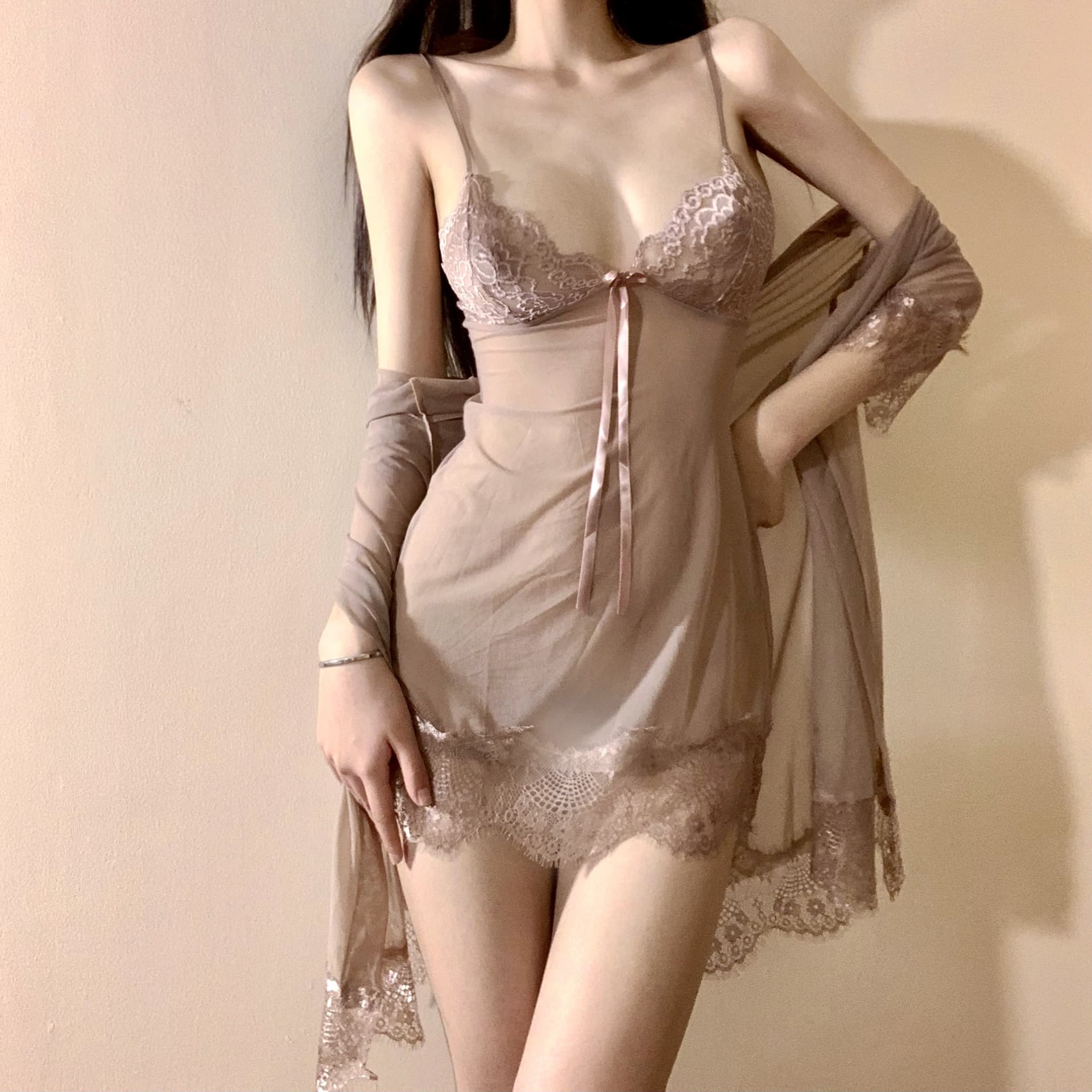 Linlinting Sexy Lingerie Nightgown Set with Lace and See-Through Straps 8006