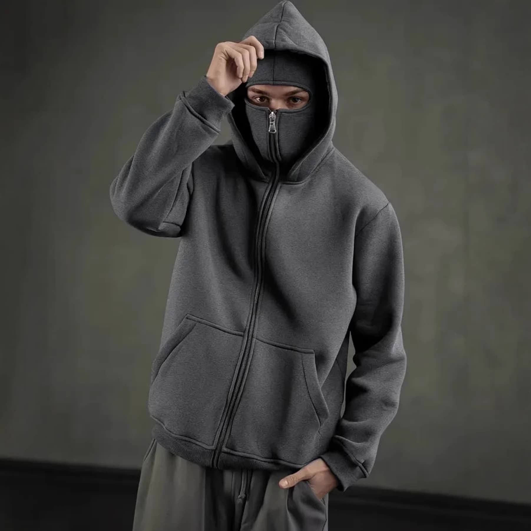 Cross-border Unisex Spring and Autumn Zip-Up Hoodie Men's Premium Trendy Fleece-Lined Jacket Masked Couple Top