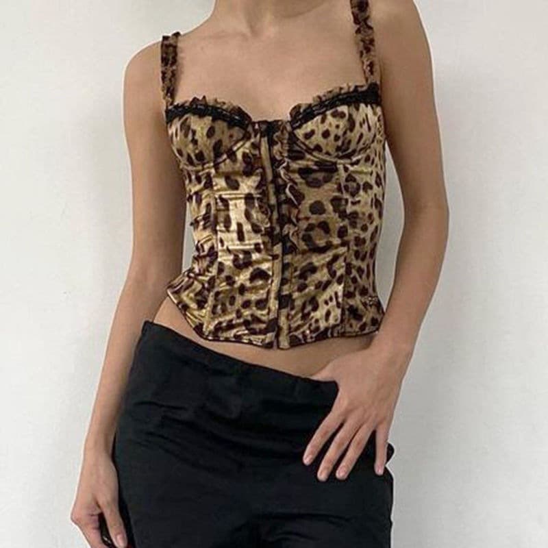 Y2K Women's Sexy Bombshell European and American Style Lace Trimmed Leopard Print Slim Fit Sleeveless Crop Top