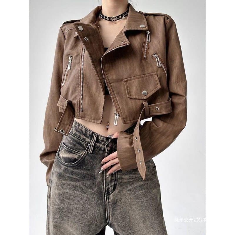 American Retro Fashion Trend Cool Style Leather Jacket Women's Spring Autumn Street Petite Loose Short Leather Jacket