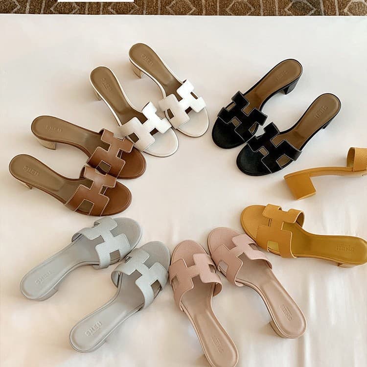 2026 New Style Horsebit Women's Slides~5cm Chunky Heel H-Type Cowhide Beach Sandals Women's Summer Outdoor Slippers