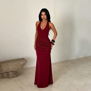YJ26214 Cross-Border New Halter Neck Maxi Dress, V-Neck, Sequins, Draped, Slimming, Mermaid Hem, Formal Dress for Women