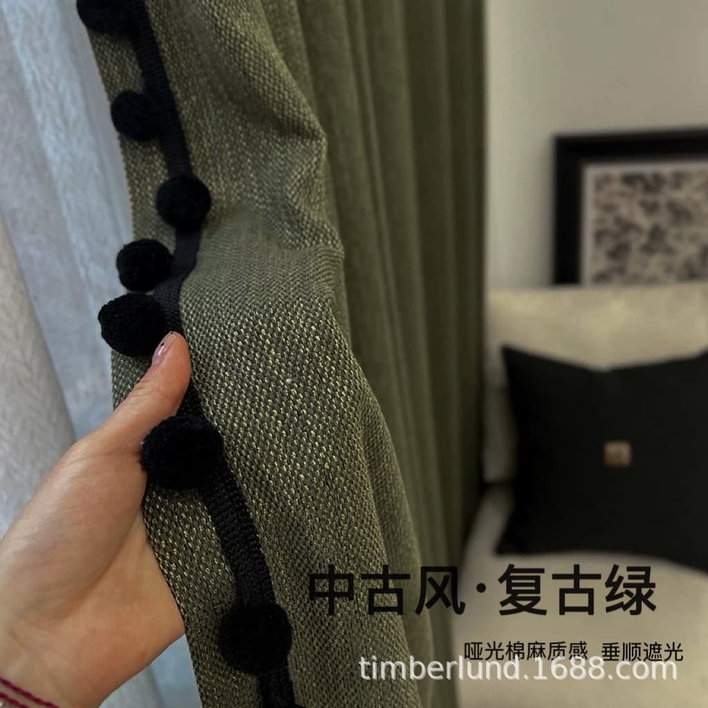 Cotton and linen blackout curtains, retro green American style curtains, light luxury vintage style living room curtains, Keqiao curtain fabric ready-made