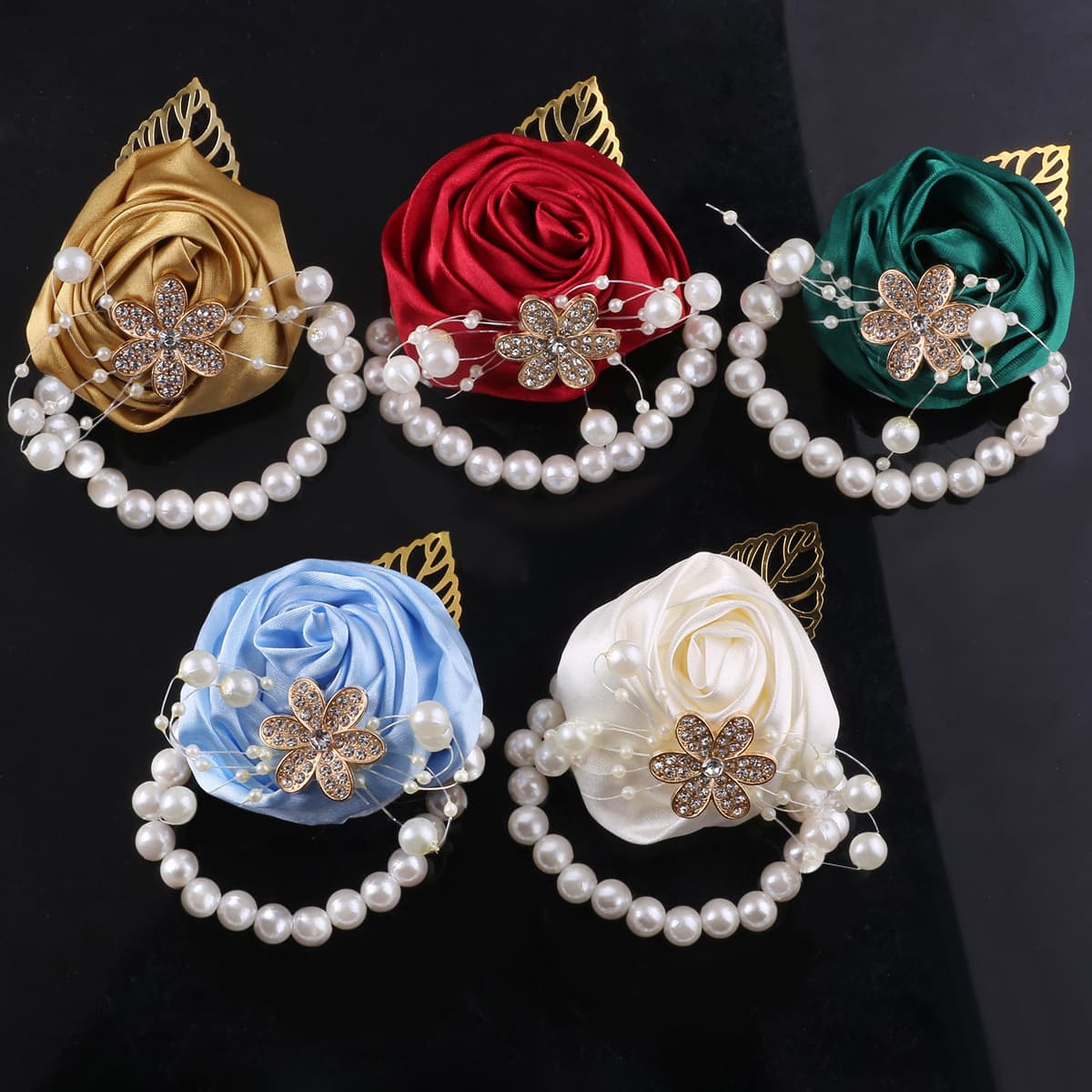 Amazon cross-border satin rose pearl bride bridesmaid pearl wrist flower wedding accessories wedding supplies wholesale