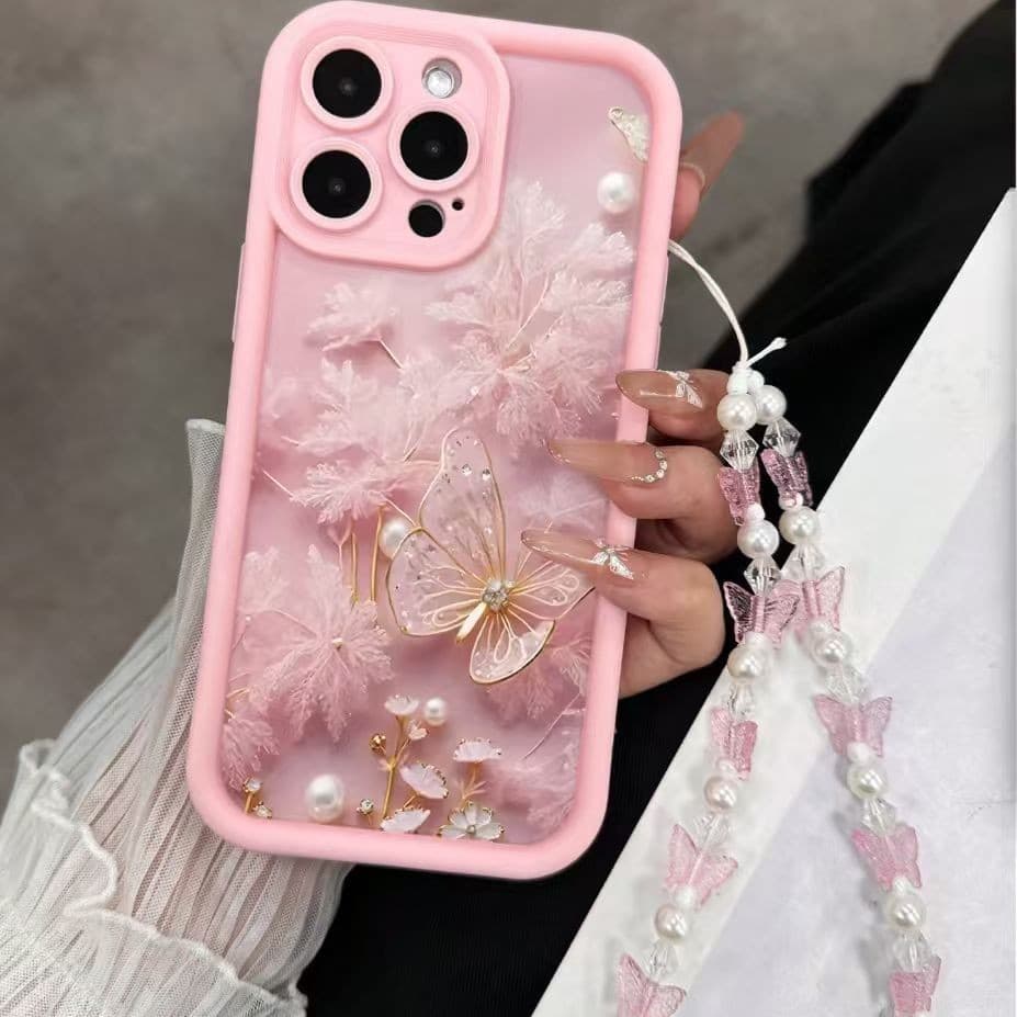 Best-selling cross-border pink butterfly iPhone 17 Pro Max case, iPhone 17 Air lanyard 16 Pro full coverage soft