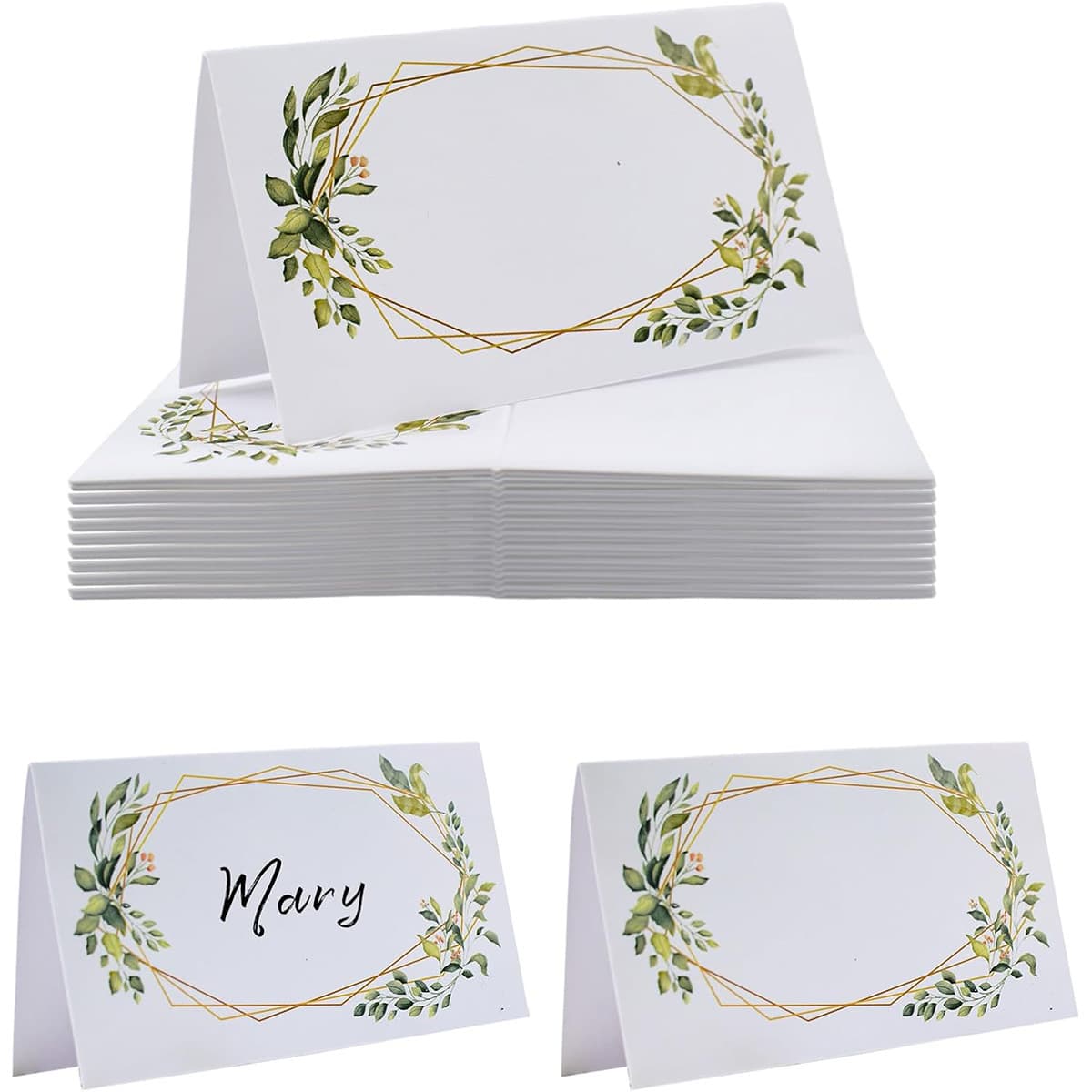 Forest Green Leaf Geometric Place Card, Wedding Banquet Handwritten Table Card Guest Name Card Seat Guide Card