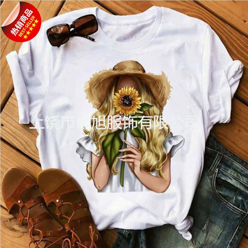 Sunflower Heart Print T-Shirt Women Fashion Short Sleeve Cute Pattern Top Casual