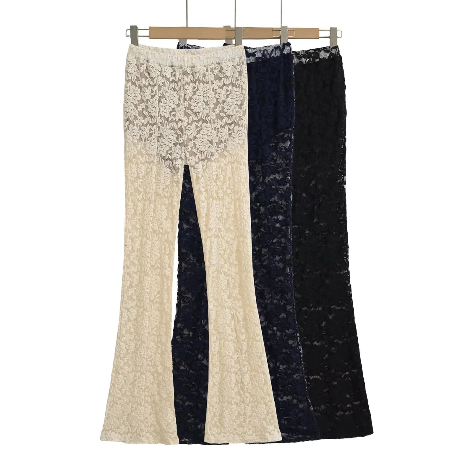 Sexy See-Through Lace Bell-Bottom Pants for Women 2025 Summer New Low-Waist Sexy Slim Straight Casual Floor-Length Pants