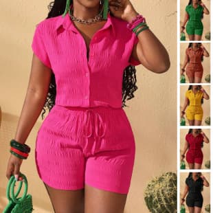 2026 Cross-Border European and American Style Pleated Shirt Shorts Set Women's Casual Commute Travel Versatile Two-Piece Set