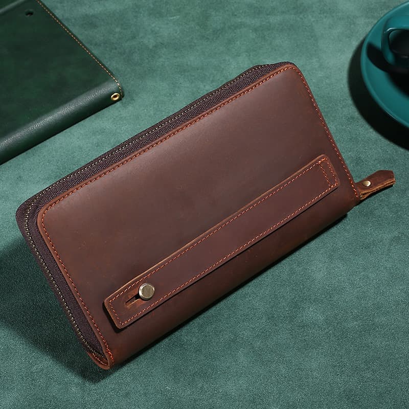 Imported Crazy Horse Leather Men's Clutch Bag Long Leather Wallet Vintage Cowhide High-end Handbag Zipper Mobile Phone Bag