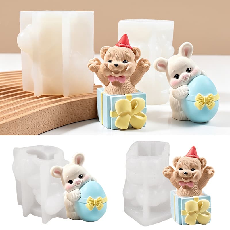 Bear Holding Egg Gift Box Bear Candle Resin Silicone Mold, DIY Easter Egg Bear Gypsum Ornament