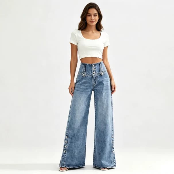 Amazon High-Waist Button-Front Wide-Leg Jeans, Side Button Split Bootcut Pants, Vintage Washed Slimming Women's Jeans