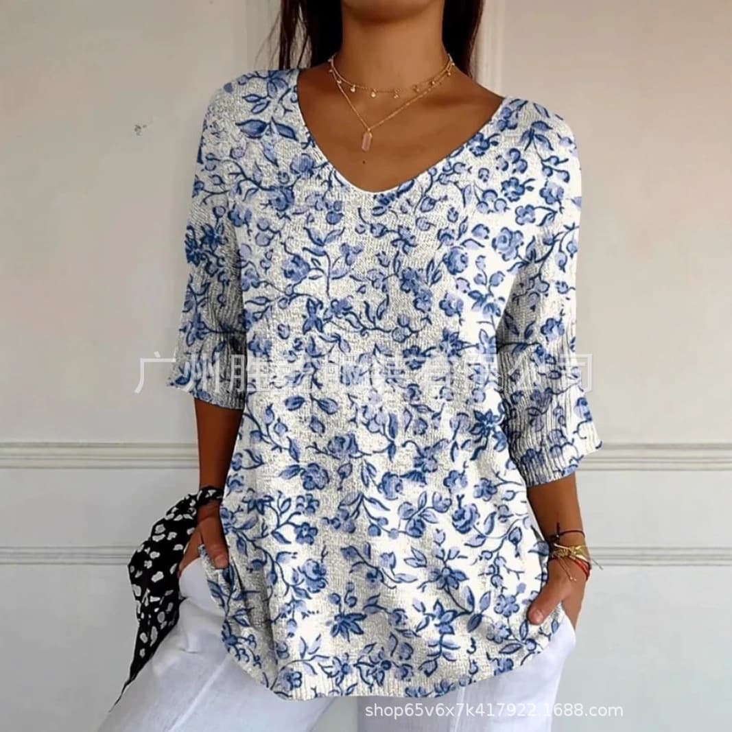 2025 European and American Cross-Border Trade New Fashion Casual V-Neck 3D Printed Geometric Pattern Half-Sleeve T-Shirt Top for Women