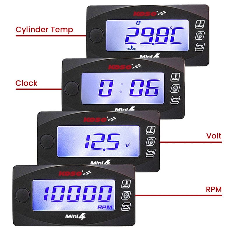 New KOSO 4-in-1 Water Temperature Gauge / Tachometer / Voltmeter with Time Display Motorcycle Modified Oil Temperature Gauge