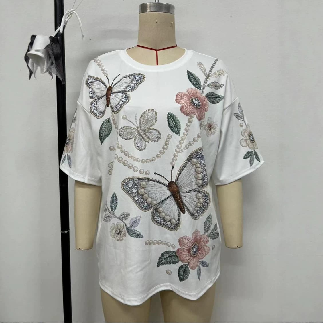 Manufacturer Cross-Border EU/US Summer New Women's Short-Sleeve Digital Print Butterfly Pattern Crew Neck T-Shirt Casual
