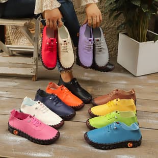 2025 Fall New Casual Flat Shoes for Women, Cowhide Soft Sole Hand-Stitched, Middle-Aged and Elderly Women's Shoes, Stock Wholesale