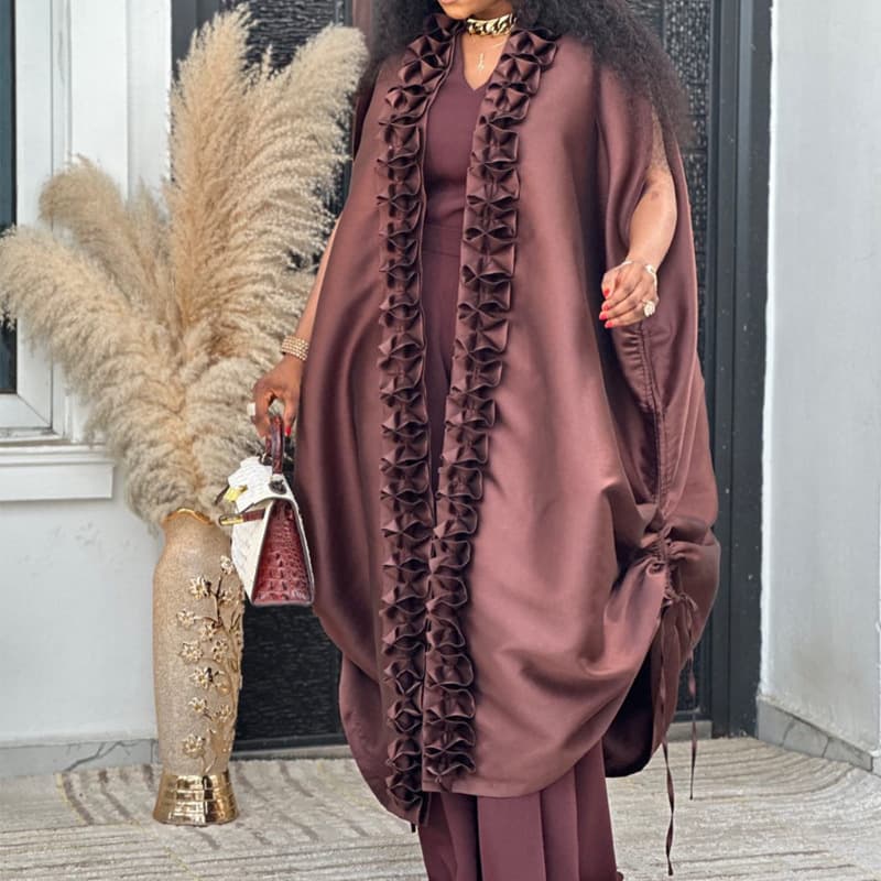Wine Red Satin Ruffle Cape Jumpsuit Set, African Loose V-Neck Robe Elegant Dinner Two-Piece Set
