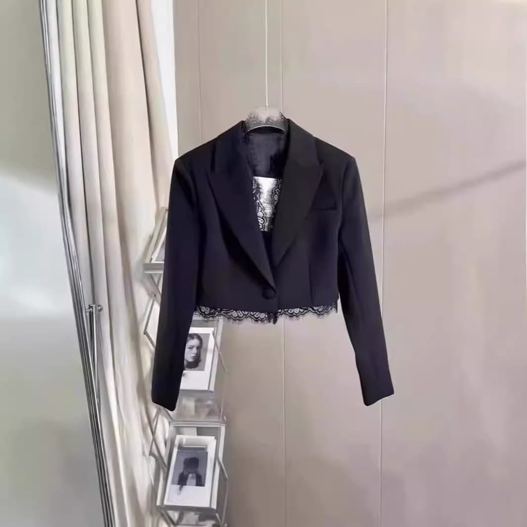 Niche 2024 Spring and Autumn New Product Spliced Short Shoulder Pad Small Suit Lady Style Lace Suit Jacket for Women