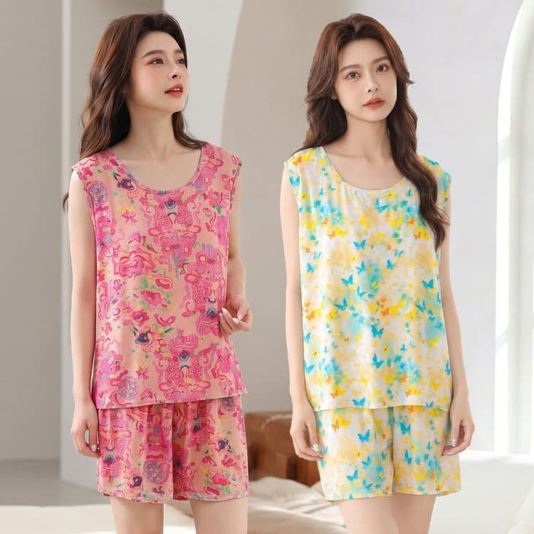 New Summer Cotton Silk Sleeveless Sleepwear Set Loose Homewear Two-Piece Middle-Aged Mother Pajama Set
