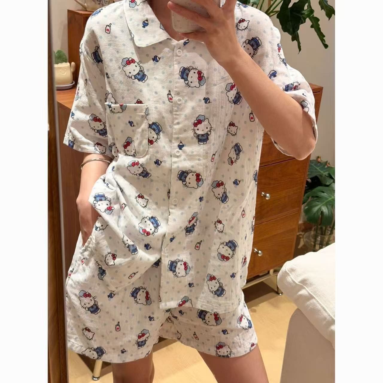 Women's Summer New Cloud Cotton Short Sleeve Short Pajama Set with Notched Collar and Shorts