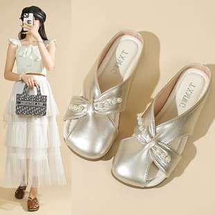 Women's Summer New Arrival Open-Toe Mules with Low Heel, Slip-On Flat Sandals, French Style Hollow-Out Design