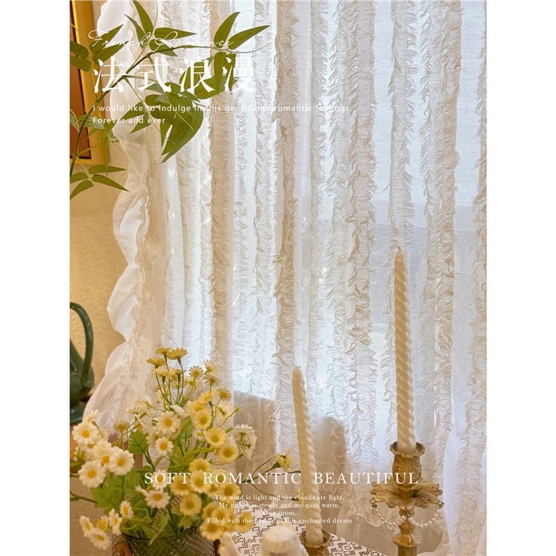 French Cream Style Lace Curtain for Bedroom Balcony Partition Half Curtain Linen Retro Tassel Curtain Atmosphere Door Curtain
