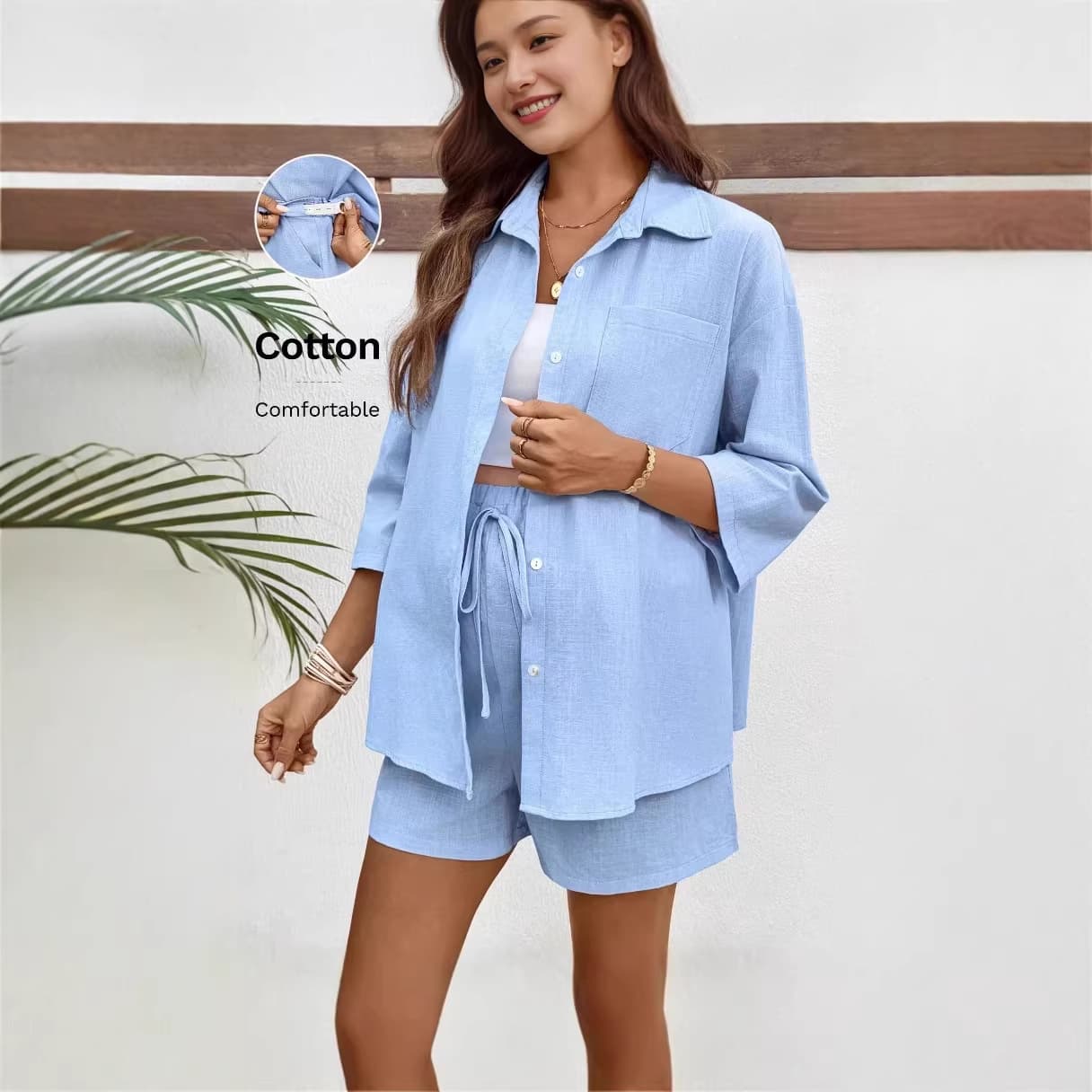 Pregnant women's suit cross-border European and American fashion shorts solid color shirt suit women's casual loose mid-sleeve maternity two-piece set