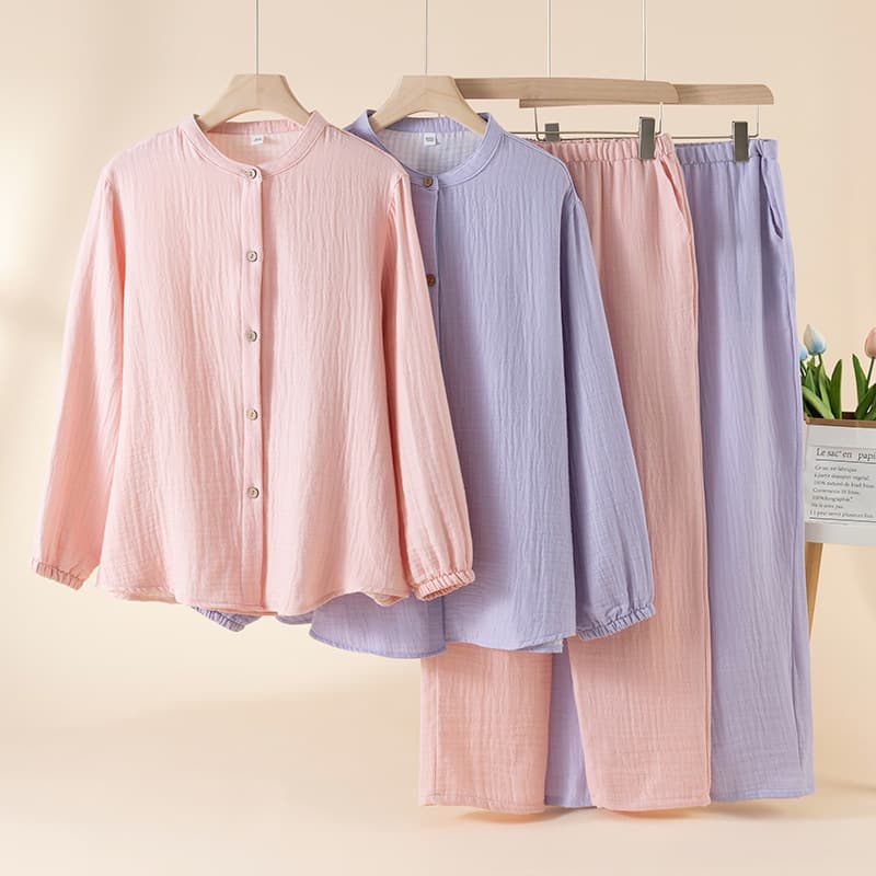 Couples' Cotton Pajamas Autumn Winter Solid Simple Loose Homewear Stand Collar Long Sleeve Long Pants Set Wearable Outside