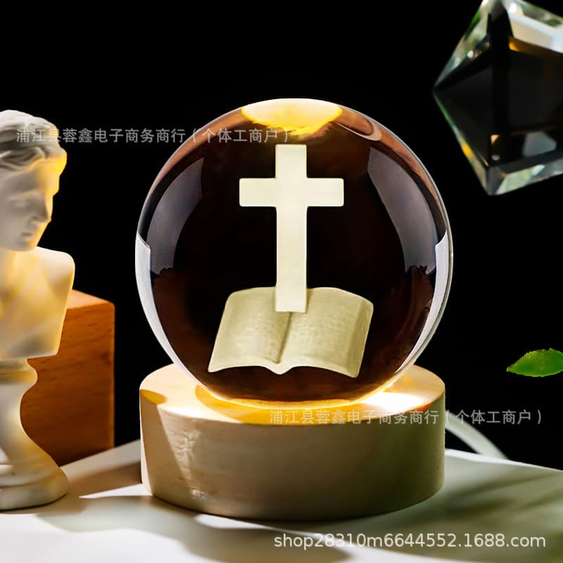 Crystal Ball Night Light Cross Bookshelf Desktop Decoration Creative Inner Engraved Starry Sky Crystal Ball Ornament Craft Gift for Men and Women