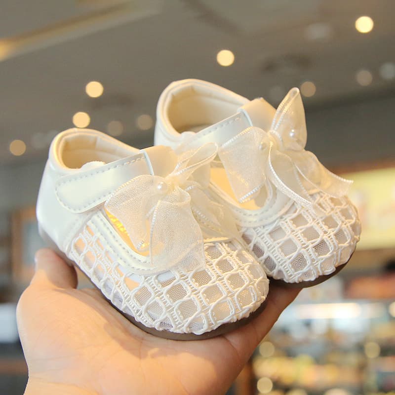 Girls' Princess Shoes Spring and Autumn New Style Infant Mesh Bow Single Shoes Korean Style Baby Soft-Soled Hollow Sandals Summer