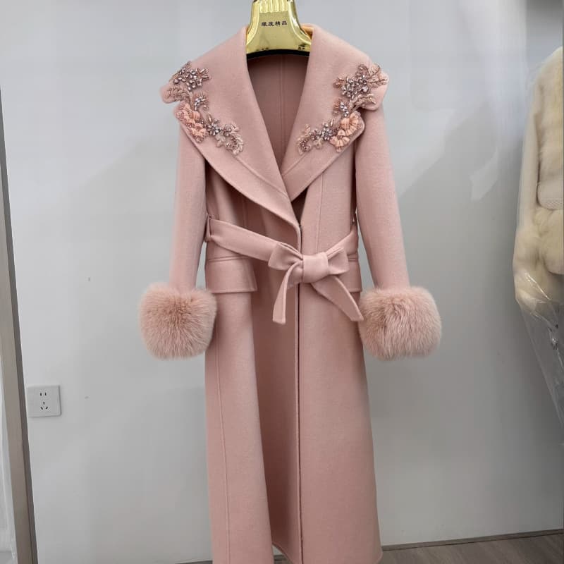 New Winter Fox Fur Double-Faced Cashmere Coat with Rhinestones, Mid-Length Woolen Leather Coat for Women