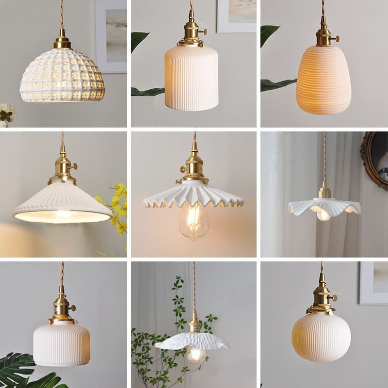 Japanese light luxury chandelier ins Nordic simple restaurant bedroom bedside dining table aisle brass pleated ceramic chandelier