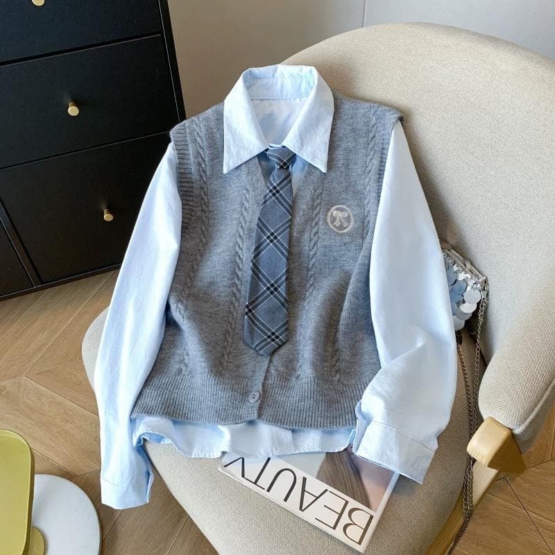 Two-piece set: retro-style preppy cardigan with embroidered vest layered over a tie-neck shirt, chic vest for women in spring and autumn.