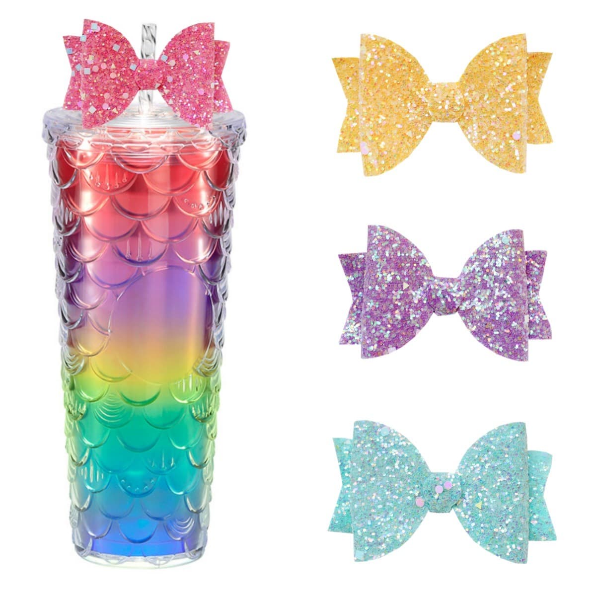 Cross-border hot seller in Europe and America, straw cup decoration with shiny glitter bow, creative fashion water cup accessory.